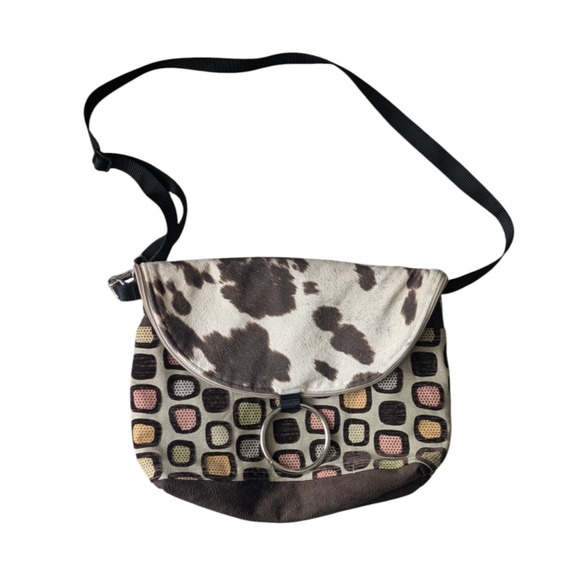 Kindred Spirit Convertible Messenger Backpack Brown Cow Print Animal Chenille - Picture 1 of 8